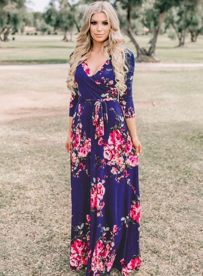 Oasap Fashion Floral Printed Long Sleeve Tie Waist V Neck Maxi Dress