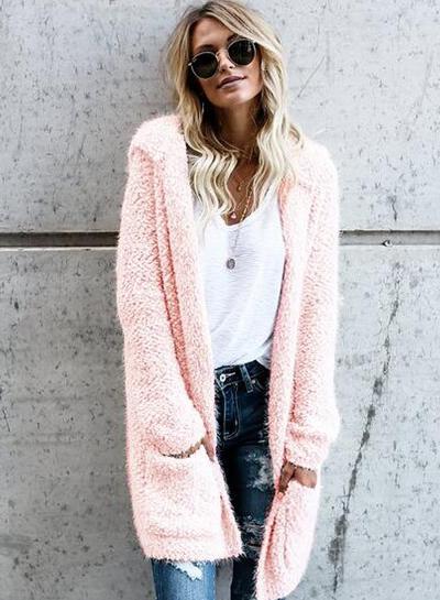 Oasap Solid Color Open Front Long Hooded Fleece Coat With Pockets