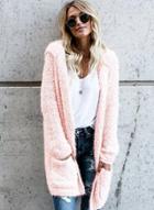 Oasap Solid Color Open Front Long Hooded Fleece Coat With Pockets