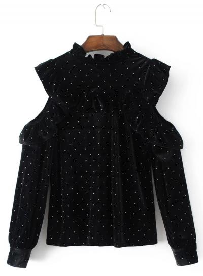 Oasap Stand Collar Off Shoulder Long Sleeve Polka Dots Blouse