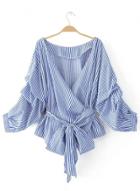 Oasap Fashion Ruched Sleeve Self Tie Stripe Blouse
