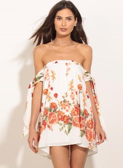 Oasap Slash Neck Tie Sleeve Floral Print Dress