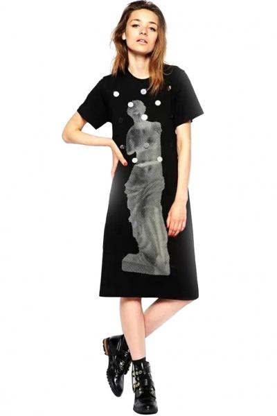 Oasap Casual Black Short Sleeves Medi Shift Dress