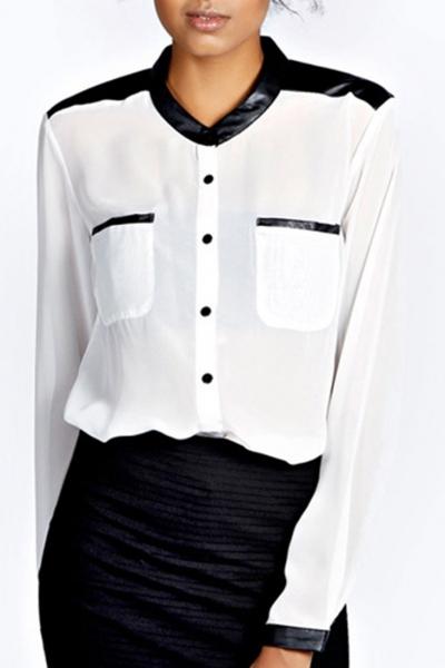 Oasap Charming Pu Color Block Woman Blouse