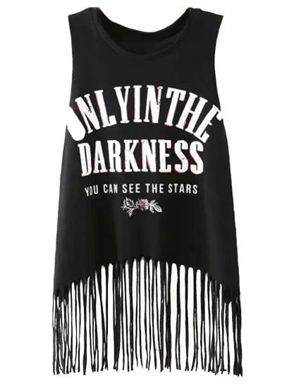 Oasap Women's Letter Graphic Sleeveless Tasseled Knit Top