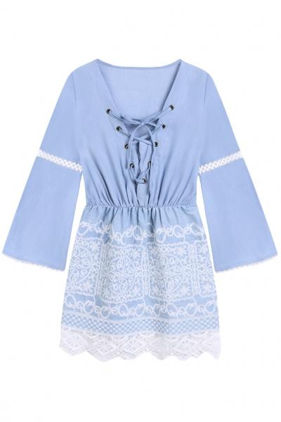 Oasap Chic Lace-up Front Hollow Out Lace Denim Dress