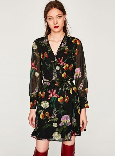 Oasap V Neck Floral Print Tie Waist Mini Dress