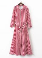 Oasap Turn Down Collar Long Sleeve Striped Day Dress