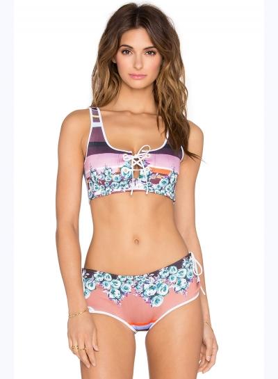 Oasap Scoop Neck Printed Sleeveless Two Pieces Swimwear