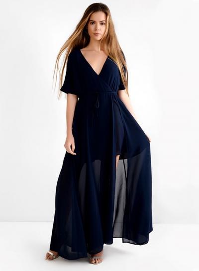 Oasap V Neck Short Sleeve Elastic Waist Maxi Dress