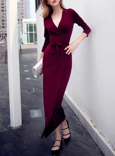 Oasap Women's Wrap V Neck Long Sleeve Tie Waist Bodycon Dress