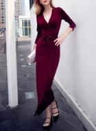 Oasap Women's Wrap V Neck Long Sleeve Tie Waist Bodycon Dress