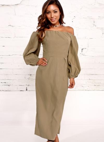 Oasap Off Shoulder Puff Sleeve Solid Color Midi Dress
