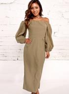 Oasap Off Shoulder Puff Sleeve Solid Color Midi Dress