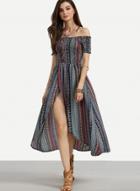 Oasap Boho Print Off Shoulder High Split Maxi Dress