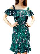 Oasap Women's Abstract Print Flounce Trim Open Shoulder Dress