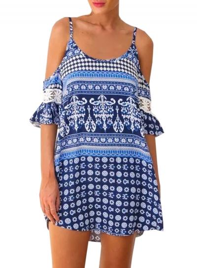 Oasap Women's Spaghetti Strap Cold Shoulder Half Sleeve Tribal Print Dress