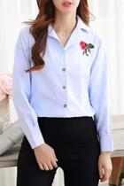 Oasap Fashion Rose Embroidered High Low Button Down Blouse