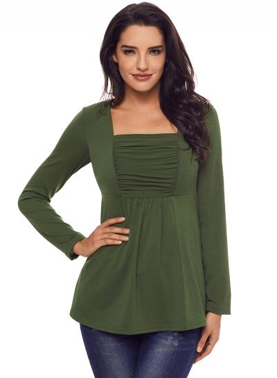 Oasap Army Green Square Neckline Ruched Long Sleeve Blouse