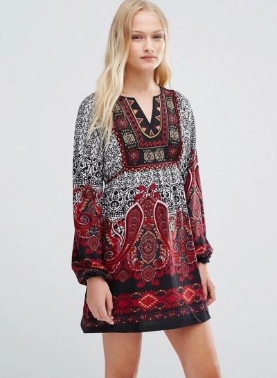 Oasap Vintage Long Sleeve Pattern Print Dress