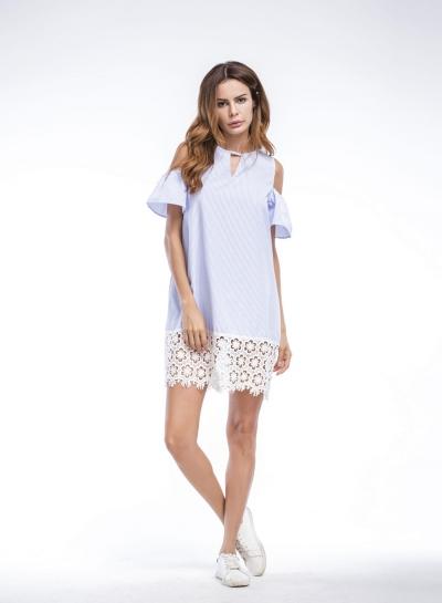 Oasap Off Shoulder Lace Panel Striped Dress