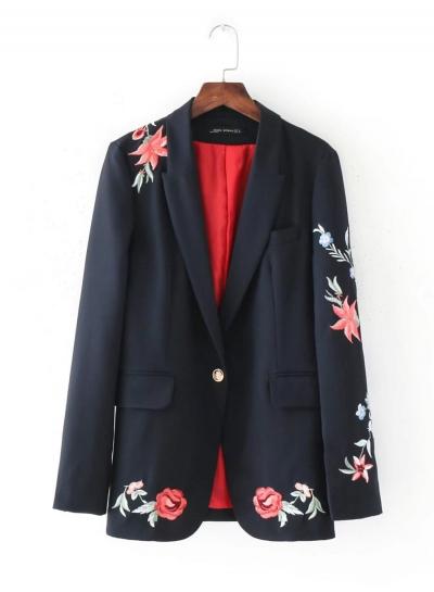 Oasap Notch Lapel Long Sleeve Rose Embroidery One Button Blazer