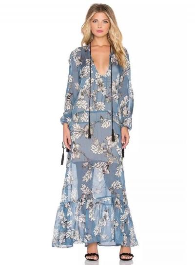 Oasap V Neck Long Sleeve Floral Loose Maxi Dress