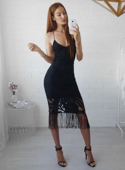 Oasap V Neck Racerback Sleeveless Tassel Hem Lace Dress