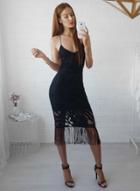 Oasap V Neck Racerback Sleeveless Tassel Hem Lace Dress