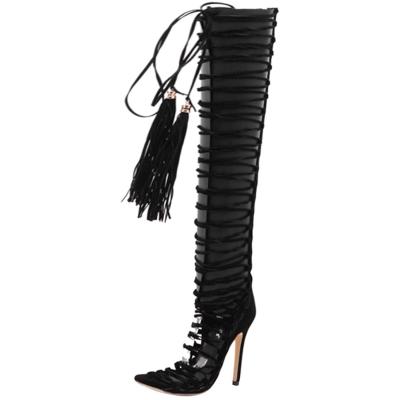 Oasap Peep Toe Lace Up Knee High Stiletto Gladiator Sandals