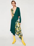 Oasap V Neck One Long Sleeve Floral Irregular Midi Dress