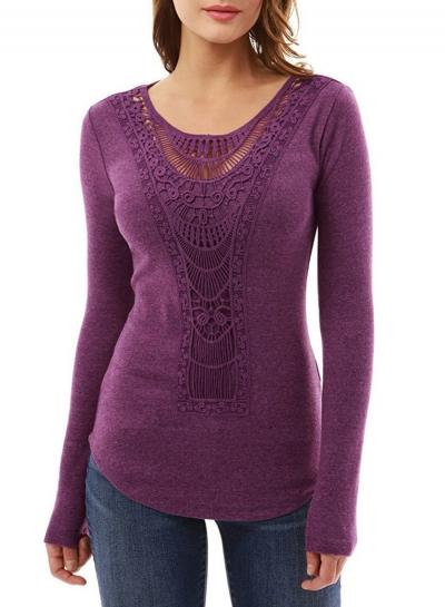 Oasap Round Neck Long Sleeve Lace Panel Knit Tee