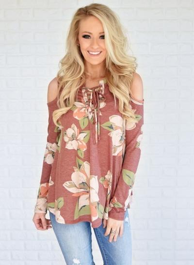 Oasap Floral Print Off Shoulder Lace Up Tee Shirt