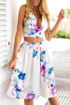 Oasap Floral Print V Neck Crop Top Pleated Skirt