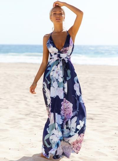Oasap Sleeveless Backless V-neck Maxi Dress With Belt