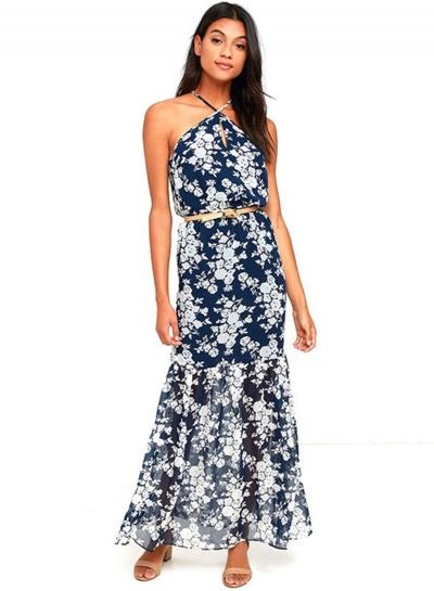 Oasap Allover Floral Print Halter Neck Long Dress
