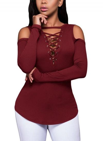 Oasap Off Shoulder Lace-up Front Slim Fit Tee