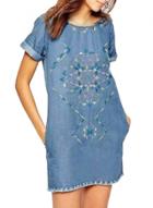 Oasap Women's Casual Short Sleeve Embroidery Denim Shift Dress