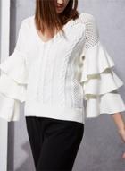 Oasap V Neck Flare Sleeve Solid Loose Sweater