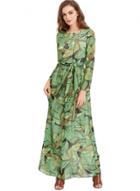 Oasap Long Sleeve Leaf Printed Maxi Dress With Belt