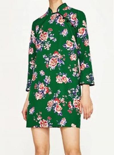 Oasap Floral Printed Long Sleeve Mini Cheongsam Dress