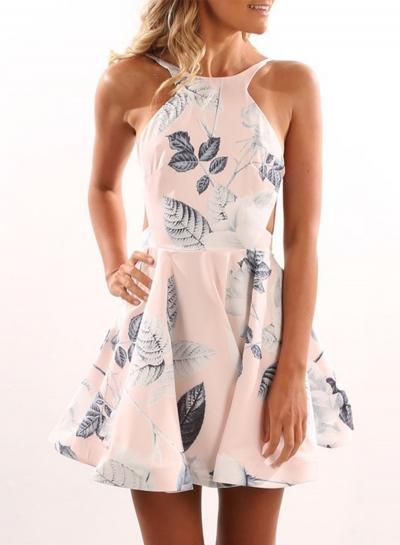 Oasap Floral Halter Backless Mini Pleated Dress