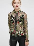 Oasap Stylish Long Sleeve Floral Embroidered Shirt
