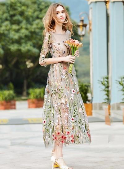 Oasap Fashion 3/4 Sleeve Floral Embroidery Mesh Maxi Dress