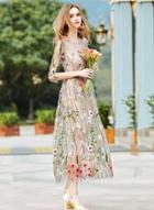 Oasap Fashion 3/4 Sleeve Floral Embroidery Mesh Maxi Dress