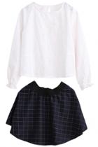 Oasap 2pcs White Blouse Plaid Skirt Set