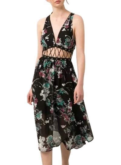 Oasap Women's Summer Double V Neck Sleeveless Floral Print Dress