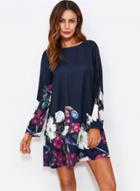 Oasap Fashion Long Sleeve Loose Fit Floral Mini Dress