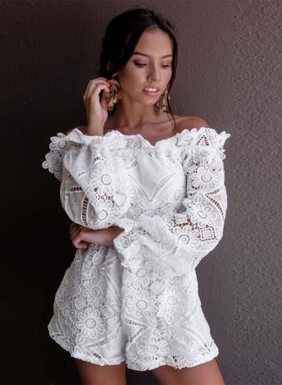 Oasap Solid Off Shoulder Long Sleeve Lace Loose Romper