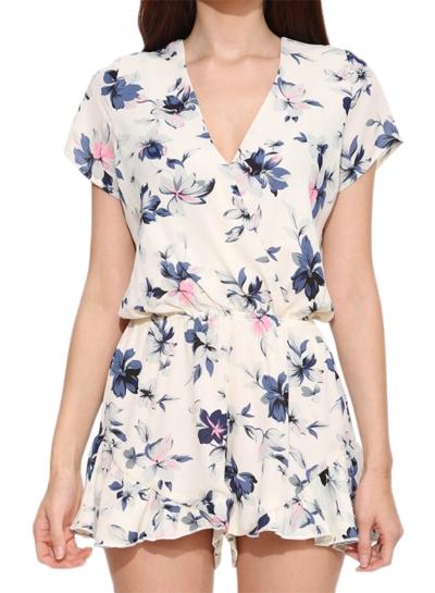 Oasap Women's Fashion V Neck Short Sleeve Floral Printed Romper